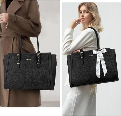 MOSISO Laptop Bag for Women, 17-17.3 inch PU Leathe Tote Bag Compatible with MacBook, HP, Dell, Asus Notebook, Front Embossed Retro Hibiscus Computer Bag with Silk Scarf&Clutch Purse, Gray - PuriLite