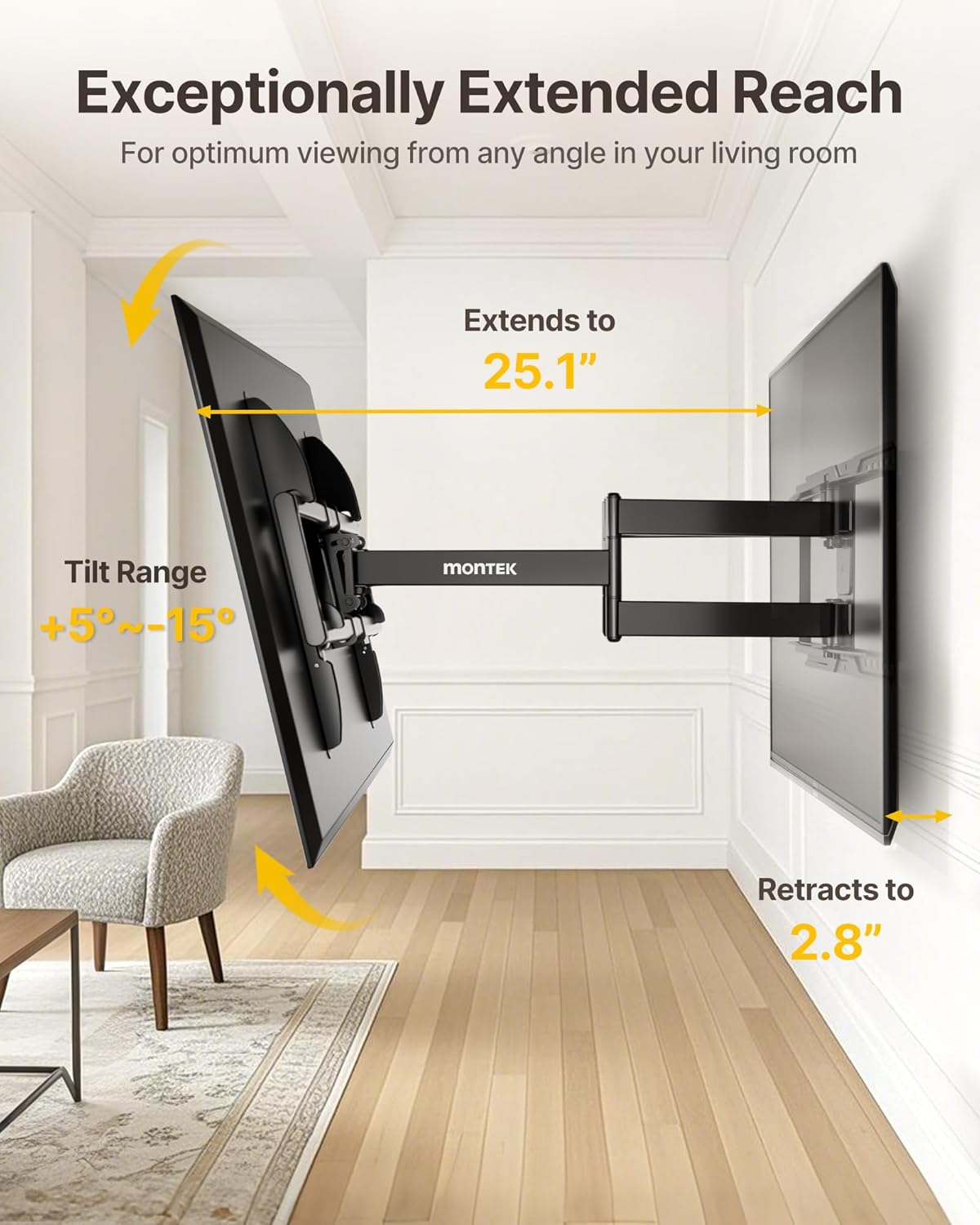 monTEK Full Motion TV Wall Mount for Most 37-90 inch TVs up to 165 lbs, Heavy Duty TV Mount with Dual Articulating Arms, Tool-Free Tilt, Swivel, Extension, Fits 16"/18"/24" Studs, Max VESA 600x400mm