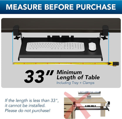 Keyboard Tray Under Desk Pull Out with Extra Sturdy C Clamp Mount System, 27 (33 Including Clamps) x 11 Inch Slide-Out Platform Computer Drawer for Typing