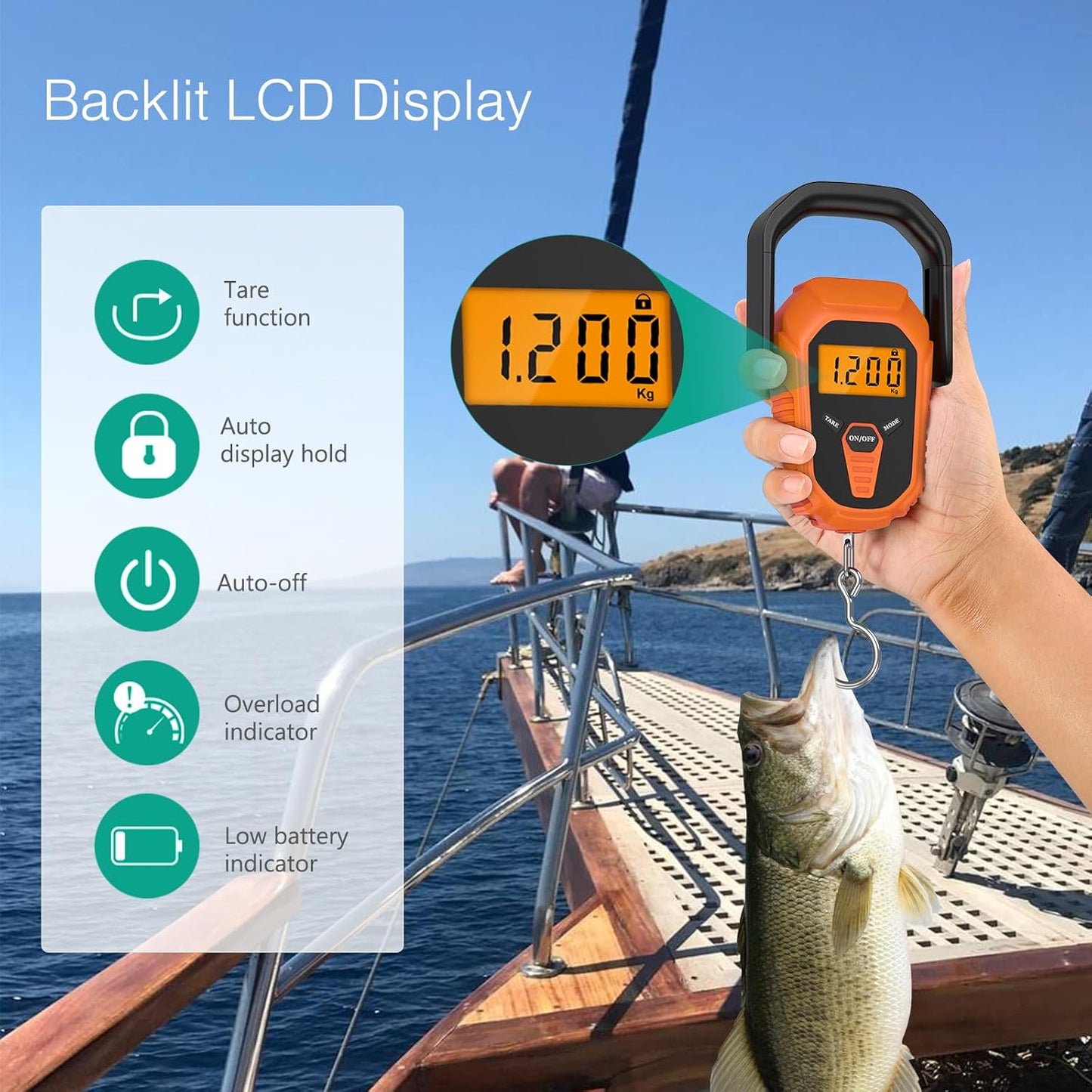 ORIA Digital Fish Scale With Ruler and Gripper, Baggage Weighing Scale, Backlit LCD Display, Portable for Outdoor Fishing (Green)