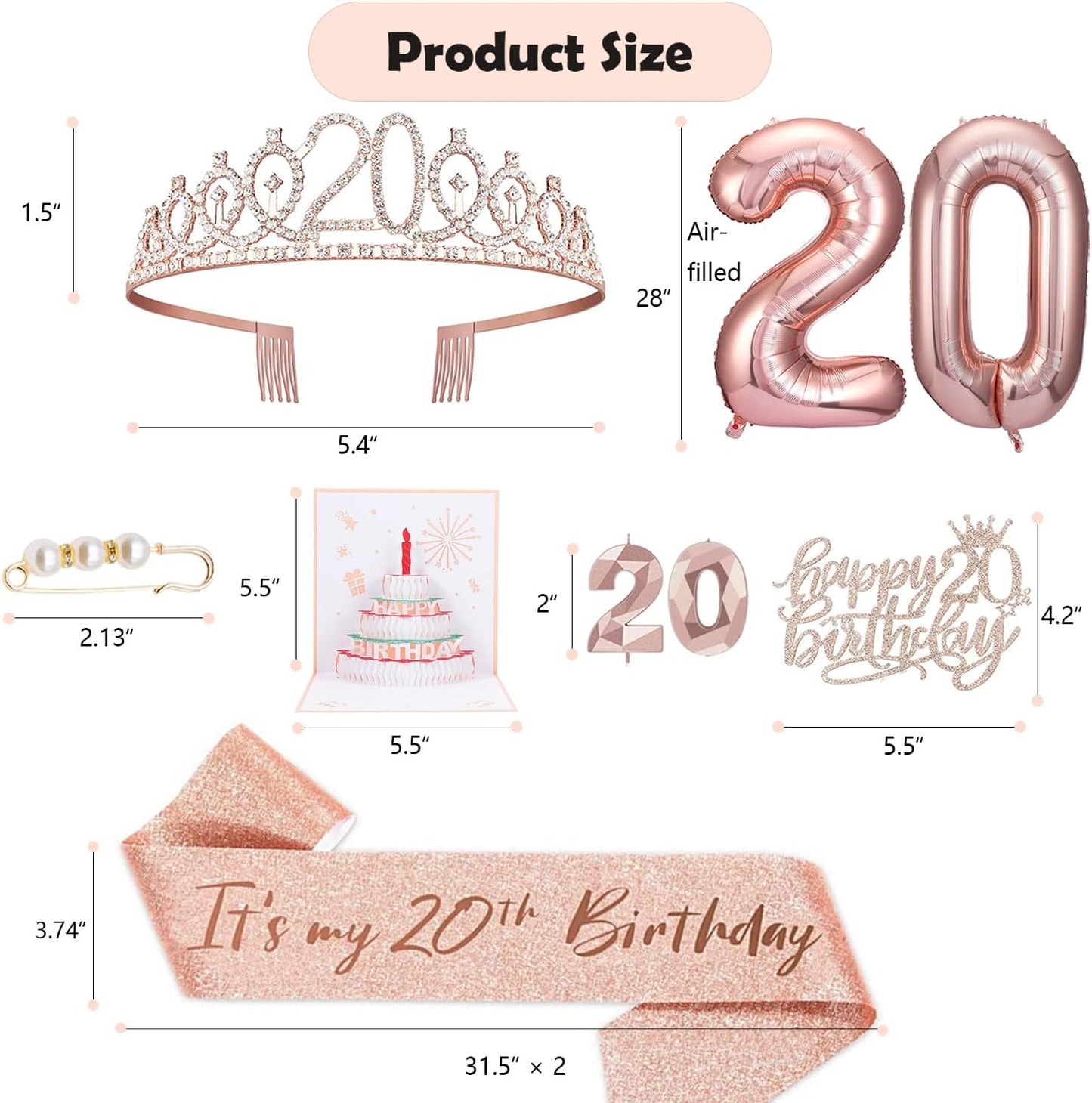 8pcs 40th Birthday Decorations gifts for Women, Including 40th Happy Birthday Cake Topper, Queen Sash with Pearl Pin, Sweet Rhinestone Tiara Crown for Women, Number Candles and Balloons (Rose Gold)