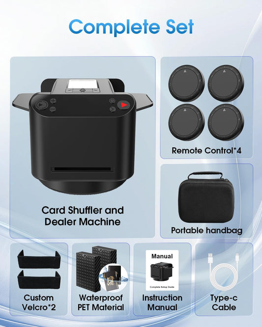 Automatic Card Shuffler and Dealer Set with 2 Decks of Playing Cards and Carrying Bag, 3-in-1 Rechargeable Card Shuffler Machine with 4 Remotes, 360°/180° Deal, Supports 12 Players
