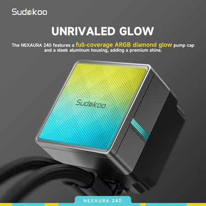 Sudokoo NEXAURA 240 Liquid CPU Cooler: 240mm AIO CPU Cooler with PWM Pump & ARGB Pump Head - Water Cooling with FDB Fans for Intel LGA 1851/1700/1200/115X AMD AM5/AM4 - Black