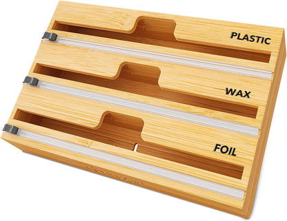 3-in-1 Bamboo Wrap Organizer with Built-In Cutters and Labels – Plastic Wrap, Aluminum Foil and Wax Paper Dispenser for 12-Inch Rolls - PuriLite
