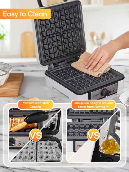 FOHERE Waffle Maker, 4-Slice Waffle Iron, Square Belgian Waffle Maker, with 5 Browning Levels, Non-Stick Plates, Indicator Lights, Cool Touch Handle, Recipe, 1200W (White)