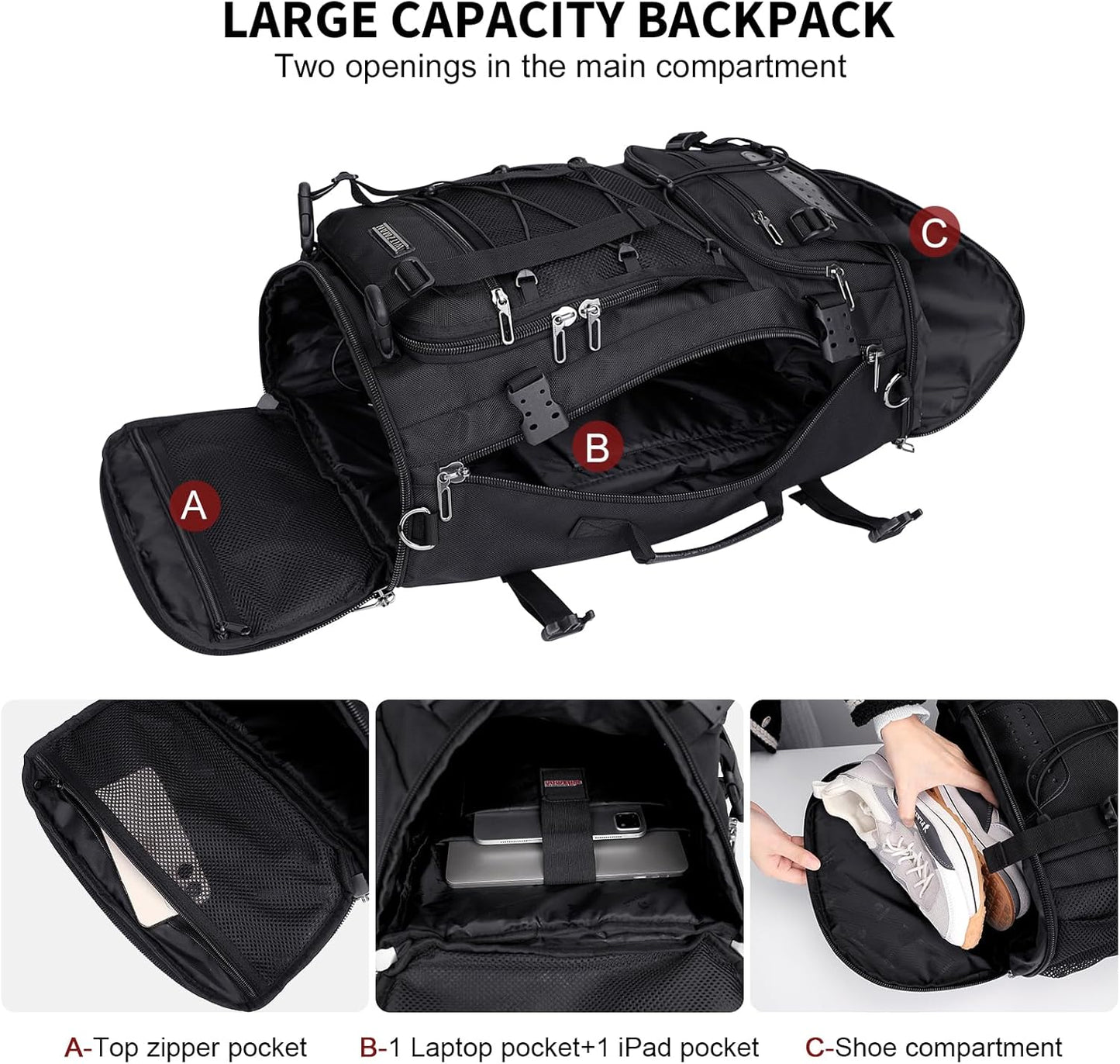WITZMAN Travel Backpack for Men Large Carry on Backpack Convertible 3 in 1 Bags with Shoe Compartment Fit 17 Inch Laptop(B689 Black)