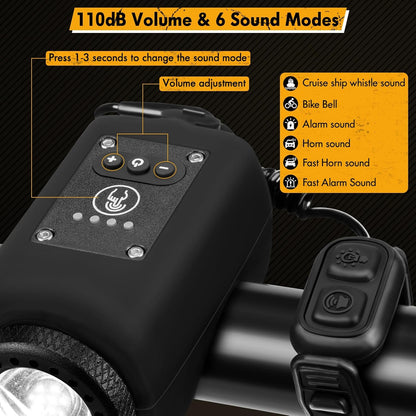 Welltop Bike Horn, 2 in 1 Electric Bike Horn Bike Light, 110 dB Bicycle Horn with 4 Light Modes & 6 Sound Modes, IPX5 Waterproof & USB Rechargeable Bike Lights for Night Riding for Adults & Kids