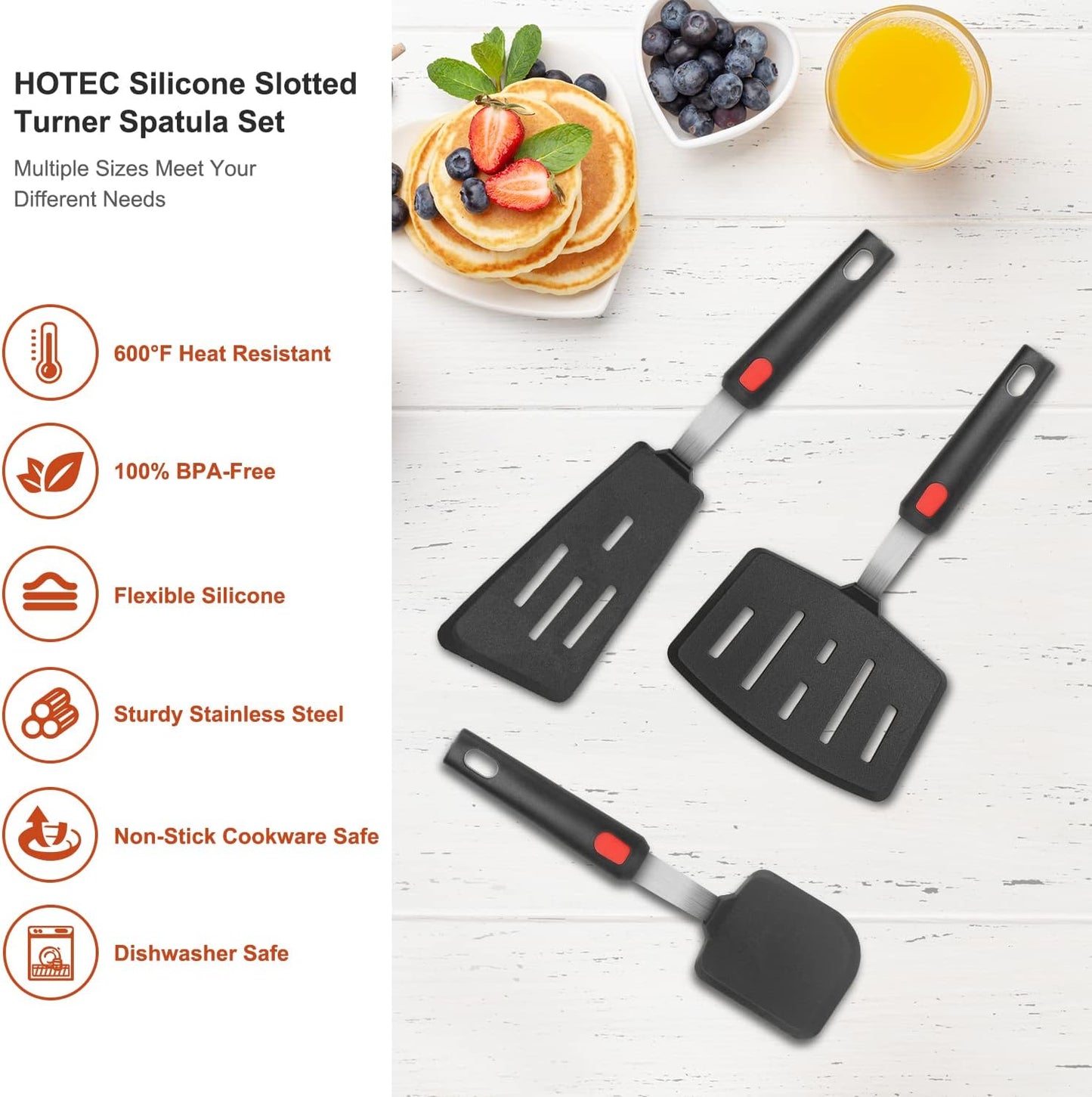 Hotec Silicone Spatula Turner for Nonstick Cookware, Flexible 600F Heat Resistant, Ideal for Flipping Eggs, Burgers, Pancakes, Crepes and More (3 Pack)