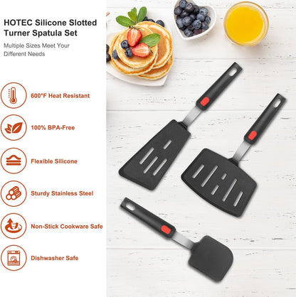 Hotec Silicone Spatula Turner for Nonstick Cookware, Flexible 600F Heat Resistant, Ideal for Flipping Eggs, Burgers, Pancakes, Crepes and More (3 Pack)