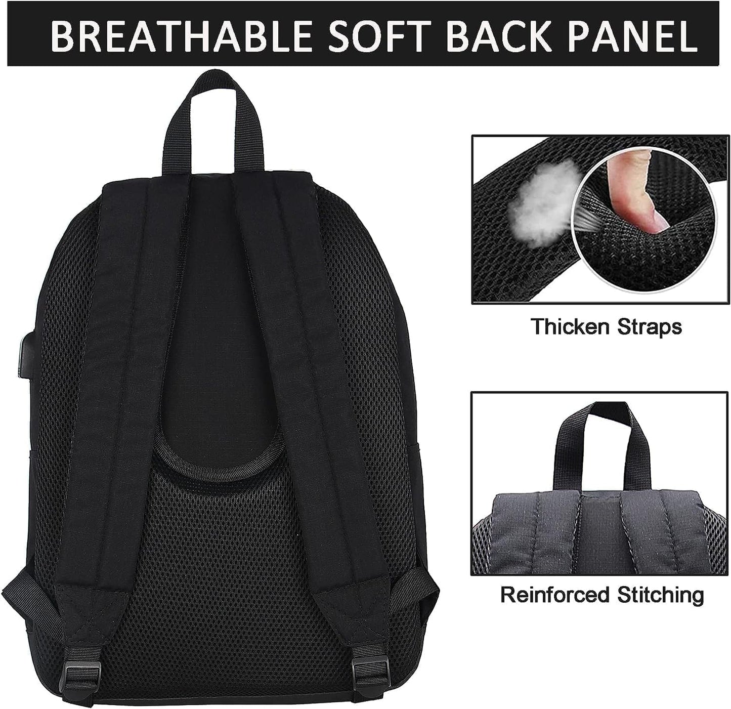 SUPACOOL Casual Laptop Backpack with USB Charging Port for Men and Women, School Bookbag for College, Lightweight Pack Back(Dark Black)