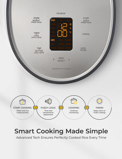 CUCKOO Rice Cooker 6 Cup Uncooked / 12 Cup Cooked, Modern Fuzzy Logic Rice Cooker Small with Delay Timer & Keep Warm Setting, Versatile Food Steamer for Cooking, Non-Stick Inner Pot, Gray (CR-0675FG)