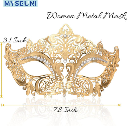 MYSEUNI Masquerade Mask for Couple - Roman Greek Man Mask & Venetian Metal Women Mask for Masquerade Ball Mardi Gras