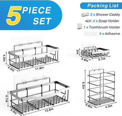 EUDELE 5-Pack Rustproof Stainless Steel Shower Caddy – No Drill Adhesive Bathroom Organizer with Large Capacity, Spacious Shower Shelves for Inside Shower, Kitchen & Home Decor Storage