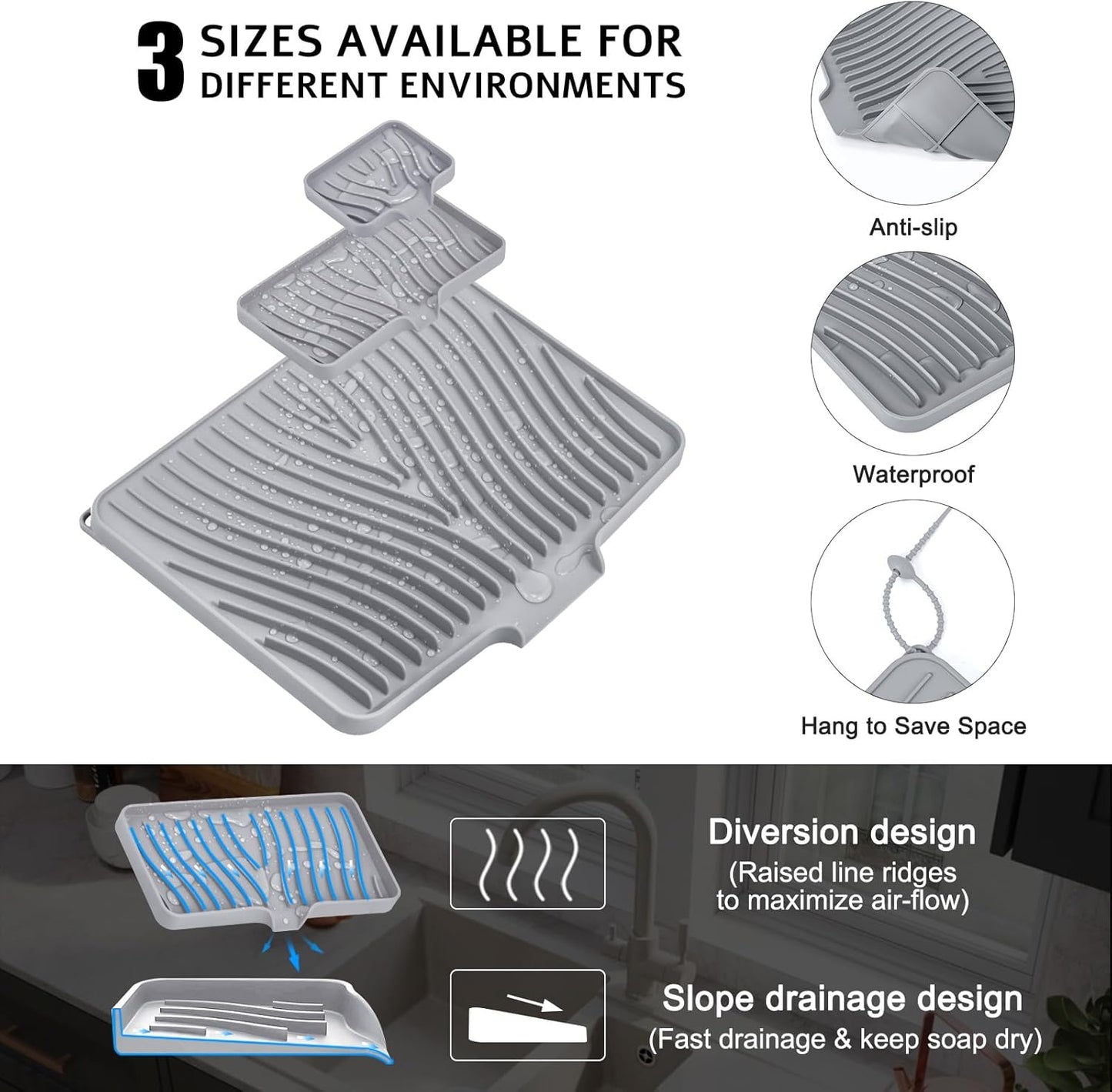 TIKNIK Silicone Dish Drying Mat for Kitchen Counter, Dish Drying Pad, Non-Slip Drain Pad with Built-in Drain, Heat Resistant Stone Drying Mat(40 L x 33 W cm, Grey)