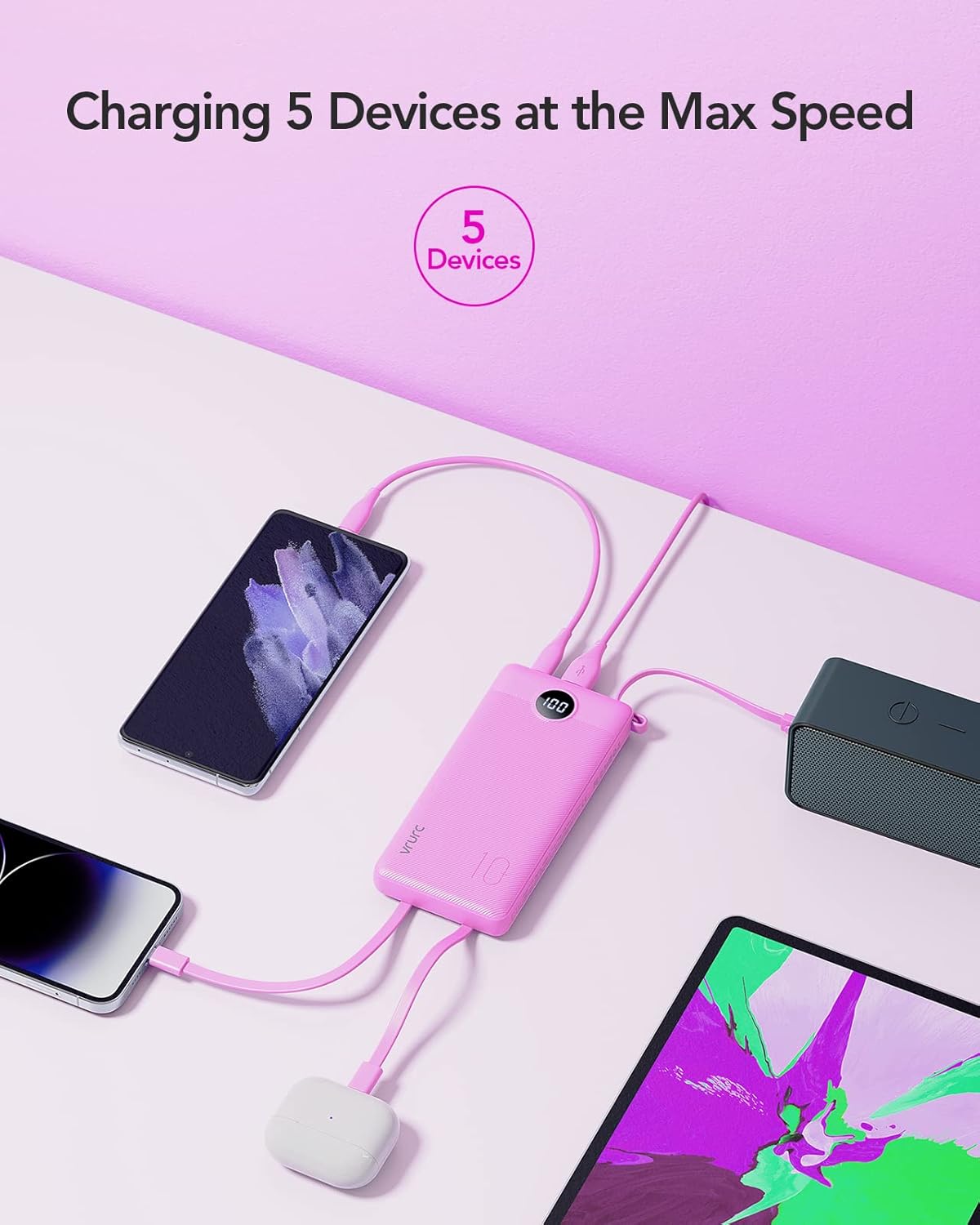VRURC 10000mAh Power Bank Built-in Cables, Portable Charger with LED Display, Slim Intelligent Travel Battery Pack with Cords, 5 Output Dual Input Phone Charger for Cell Phone Smart Devcies-Blue