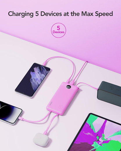 VRURC 10000mAh Power Bank Built-in Cables, Portable Charger with LED Display, Slim Intelligent Travel Battery Pack with Cords, 5 Output Dual Input Phone Charger for Cell Phone Smart Devcies-Blue