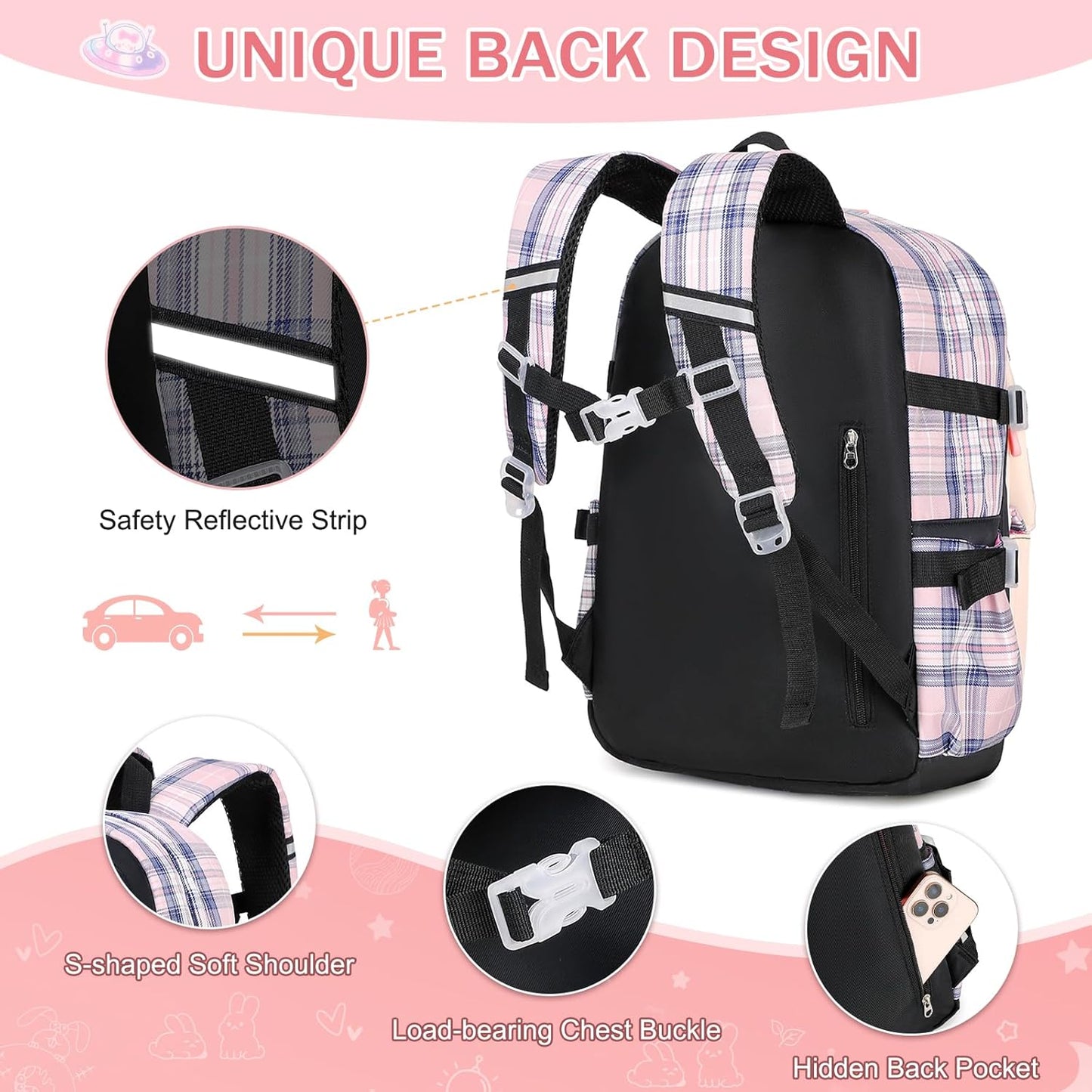 FIXITOK Girls Backpack Set, 3PCS Kids Backpack for Girls, Kawaii Bunny School Backpacks for Girl Kindergarten Elementary Preschool Middle School Bags with Lunch Box Pencil Case Aquamarine