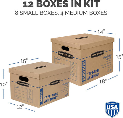 Bankers Box SmoothMove Classic Moving Kit Boxes, Tape-Free Assembly, Easy Carry Handles, 8 Small 4 Medium, 12 Pack(7716403)