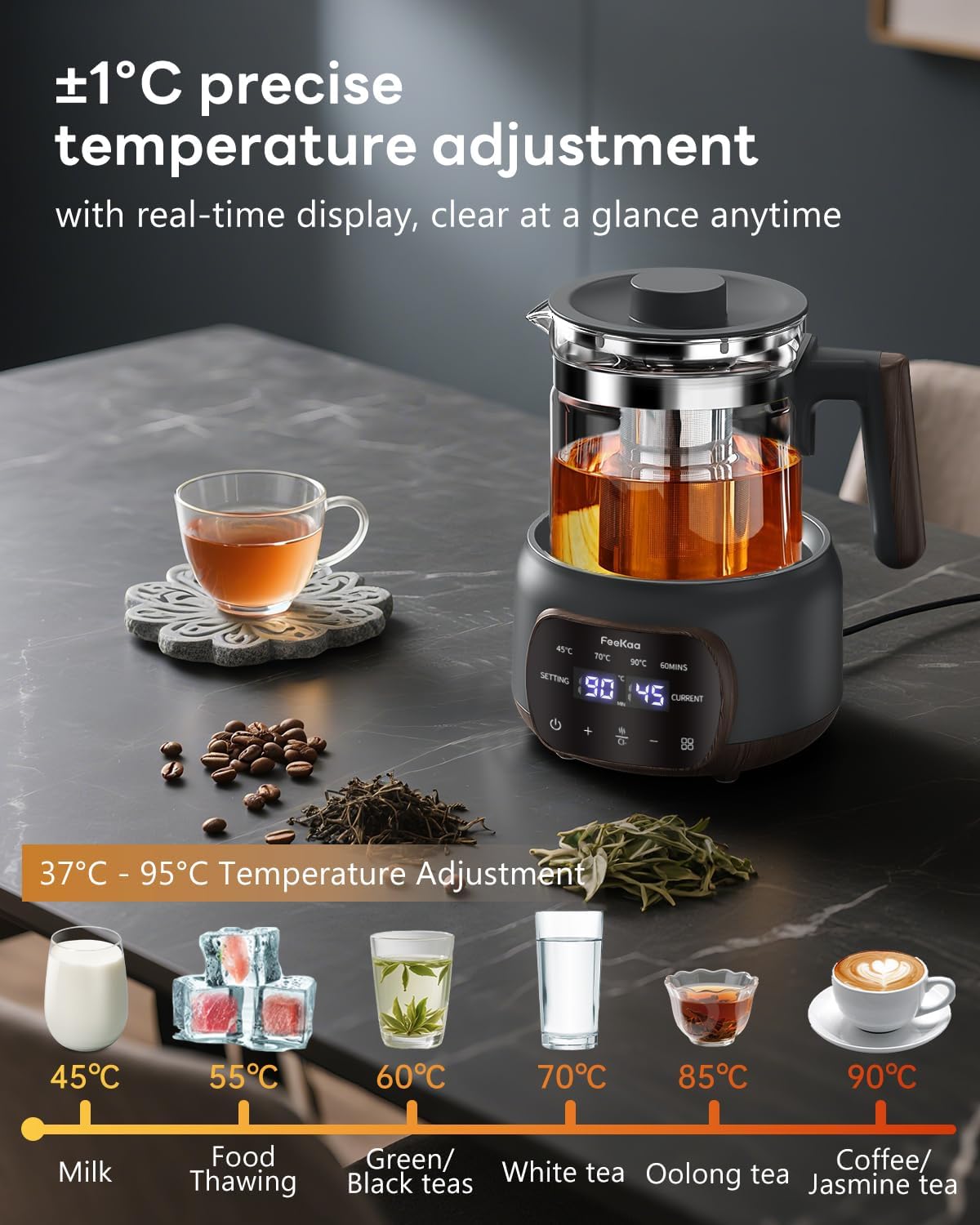 Feekaa 1.3L Electric Kettle,Glass Teapot with Removable Infuser,Black | Tea Maker,Health Pot,Bouilloire électrique,Time & Temperature Control,72H Keep Warm,for Boil Water,Tea,Coffee,Milk Warming