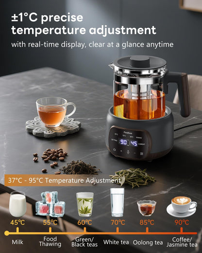 Feekaa 1.3L Electric Kettle,Glass Teapot with Removable Infuser,Black | Tea Maker,Health Pot,Bouilloire électrique,Time & Temperature Control,72H Keep Warm,for Boil Water,Tea,Coffee,Milk Warming