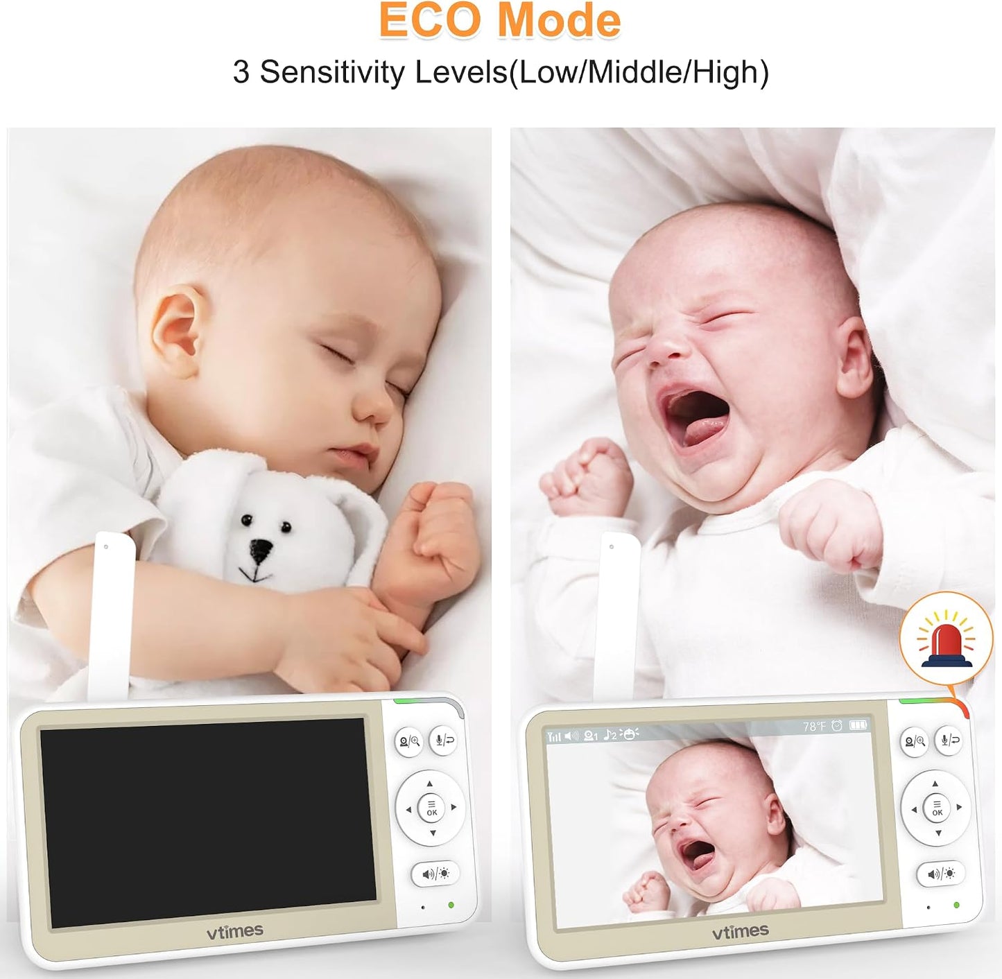 VTimes No WiFi Baby Monitor Camera & Auido, 5" Screen with 30Hr Battery Pan-Tilt-Zoom, VOX Mode, Two-Way Audio, Night Vision, 1000ft Long Range，Temperature Alert, Lullabies,French & English