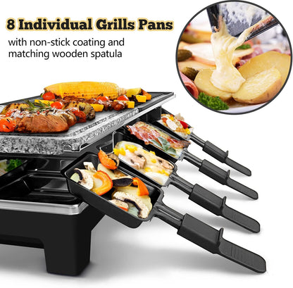 Raclette Table Grill, CUSIMAX Electric Indoor Grill, Portable Korean BBQ Grill with 2 in 1 Reversible Non-stick Plate& Natural Grill Stone, 1500W Electric Party Grill, 8 Raclette Pans& Wooden Spatulas