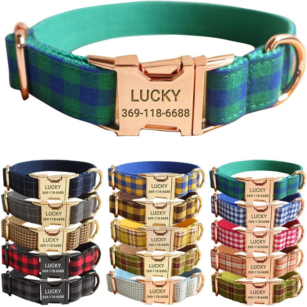 PETDURO Personalized Buffalo Plaid Dog Collar Red Black - Engraved Name and Phone Number on Black Metal Buckle - Custom for Small Medium Large Boy Girl Dogs - Add Leash Bow Tie via Customize Now