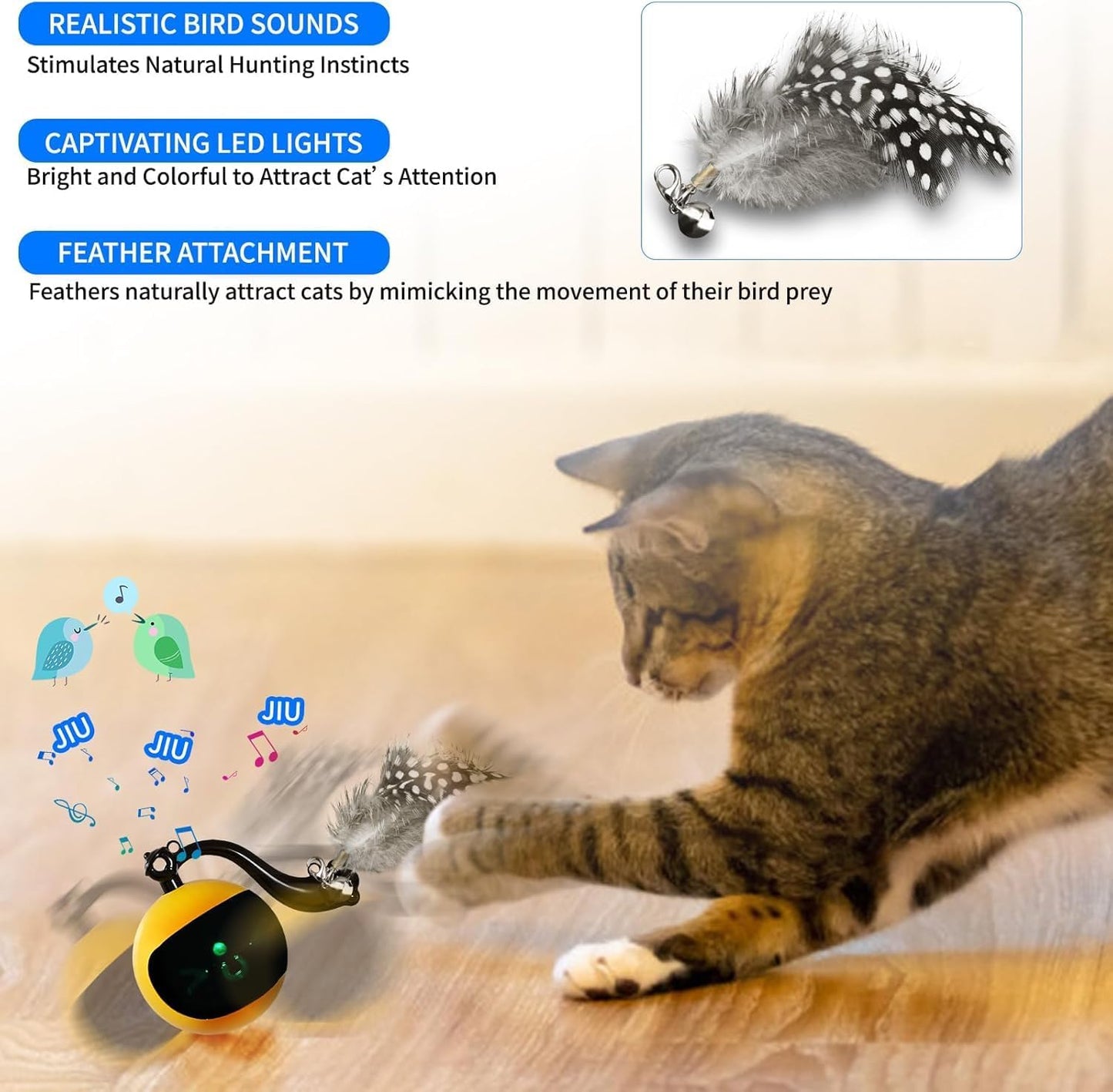 snoslme Interactive Cat Ball Toy, Automatic Moving Cat Toy Ball with Feather Tail, Cats Toy for Chasing and Hunting (Yellow)
