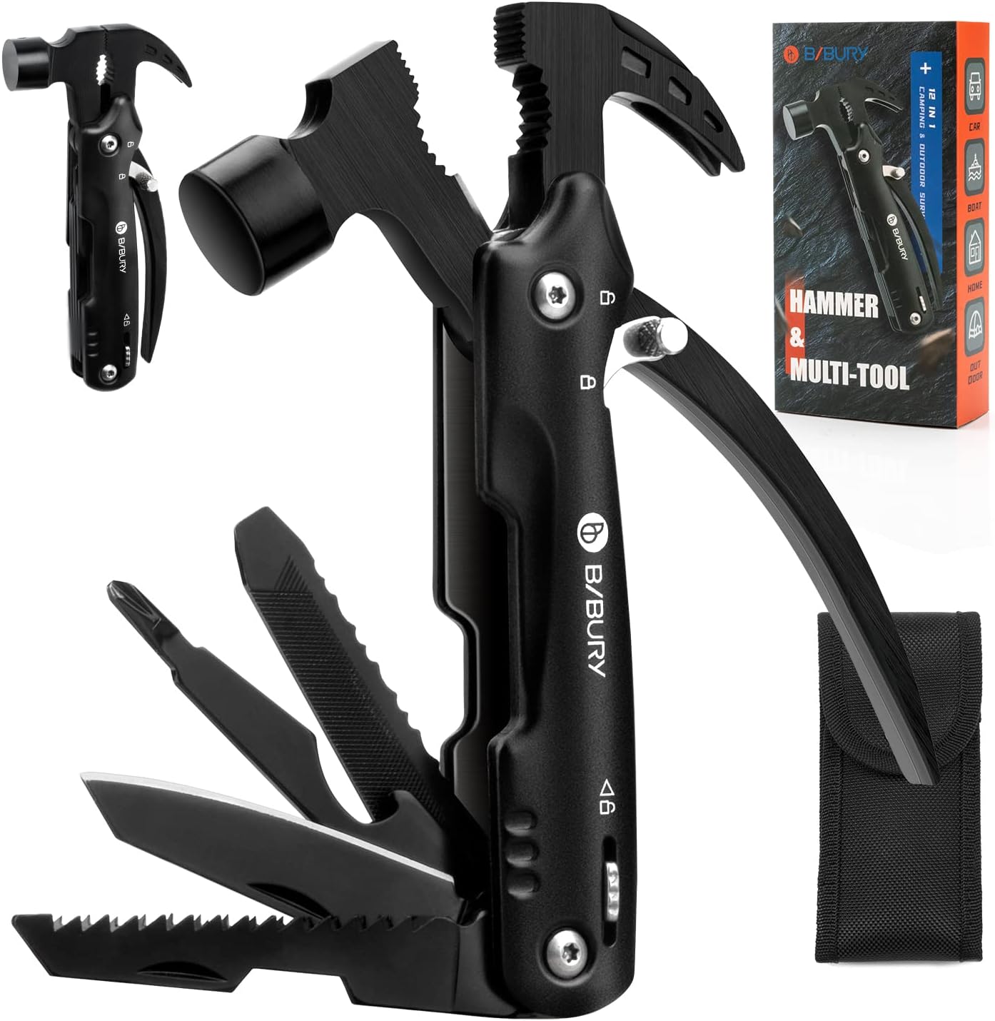 BIBURY 12-in-1 Hammer Multitool Survival Gear – Stainless Steel Camping & Outdoor Multi Tool with Safety Lock and Nylon Pouch - PuriLite