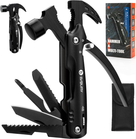 BIBURY 12-in-1 Hammer Multitool Survival Gear – Stainless Steel Camping & Outdoor Multi Tool with Safety Lock and Nylon Pouch - PuriLite