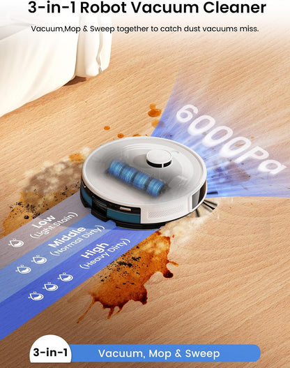 Lefant M2 Plus Robot Vacuum and Mop Combo,190° PSD Obstacle Avoidance,LIDAR Navigation,6000Pa Powerful Suction,40-Day Capacity, Perfect for Pet Hair,140 Min Runtime, WiFi/App/Alexa