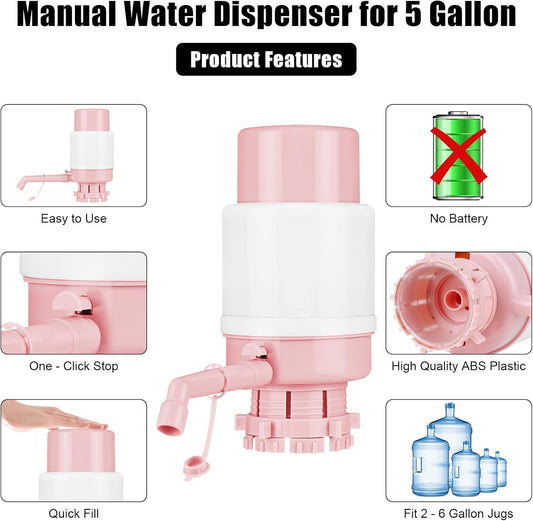 Pink Manual Water Pump for 5 Gallon/18L Water Jugs - Portable Hand Pump for Bottles & Buckets - No Electricity, BPA-Free, Leak-Proof for Camping, Home, Emergency