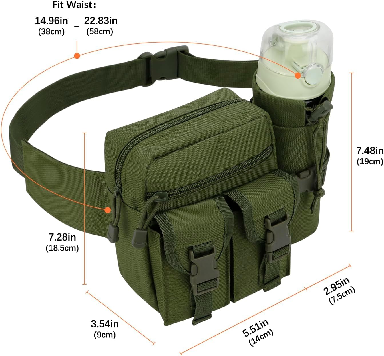 DOB SECHS Hiking Waist Bag with Detachable Water Bottle Holder and Adjustable Waist Belt, Oxford Fanny Pack for Men Women Causal Belt Bag for Travel Outdoor Fishing Running Hiking Hunting, Green