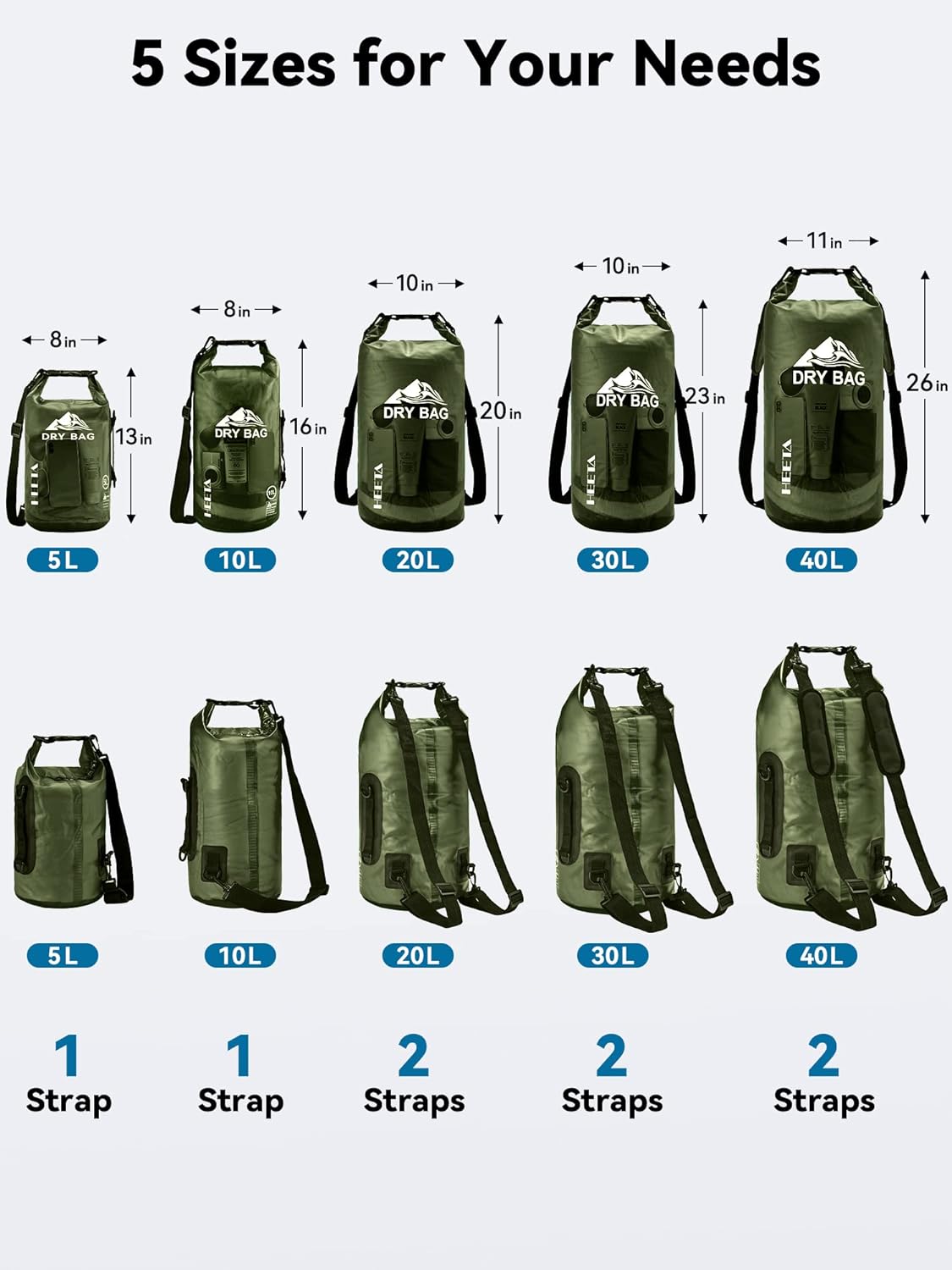 HEETA Dry Bag Waterproof for Women Men, 5L/10L/20L/30L/40L Roll Top Lightweight Dry Storage Bag Backpack with Phone Case for Travel Swimming Boating Kayaking Paddle Board Camping Beach Accessories