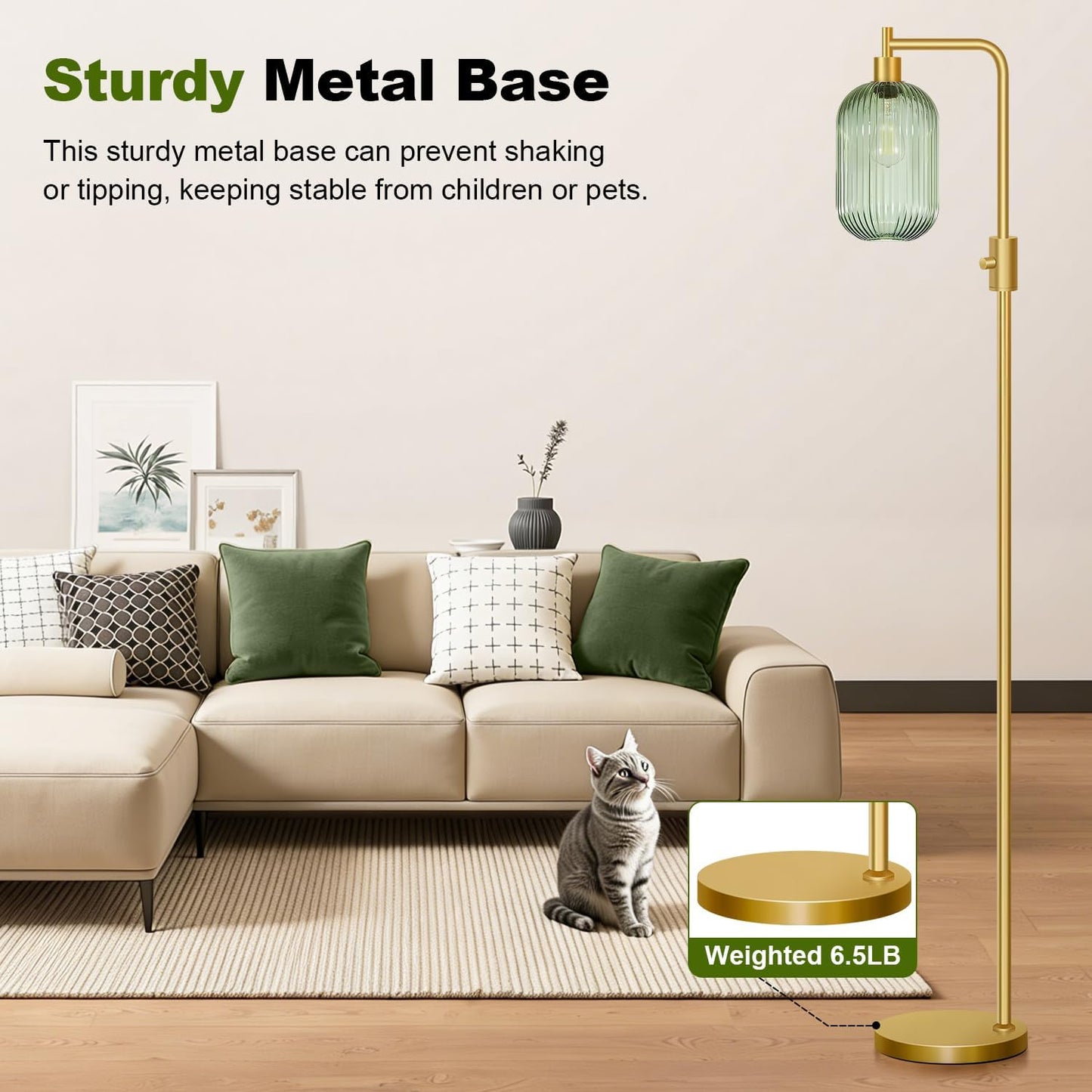 Upgraded】 Dimmable Floor Lamp for Living Room with Green Ribbed Glass Lampshade, Gold Modern Floor Lamp with 900LM LED Bulb Included, Arc Standing Tall Lamp for Bedroom, Office, Reading Room, Corner