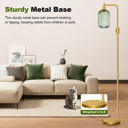 Upgraded】 Dimmable Floor Lamp for Living Room with Green Ribbed Glass Lampshade, Gold Modern Floor Lamp with 900LM LED Bulb Included, Arc Standing Tall Lamp for Bedroom, Office, Reading Room, Corner