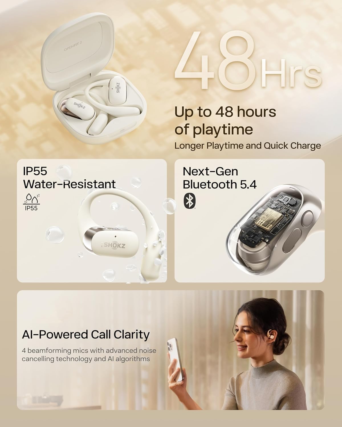 New SHOKZ OpenFit 2 Open-Ear Headphones, True Wireless Bluetooth Earphones with Microphone, Earhook Earbuds with 48 Hours of Playtime, Fast Charging, IP55 Water-Resistant, with Carrying Bag, Black