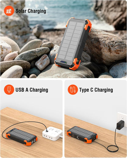 Sudrov Solar Charger Power Bank, 42800mAh Portable Charger with USB-C in/Output, QC3.0 Fast Charging 15W 4 Ports Outdoor Battery Pack Built-in Dual Led Flashlights for iPhone Samsung etc