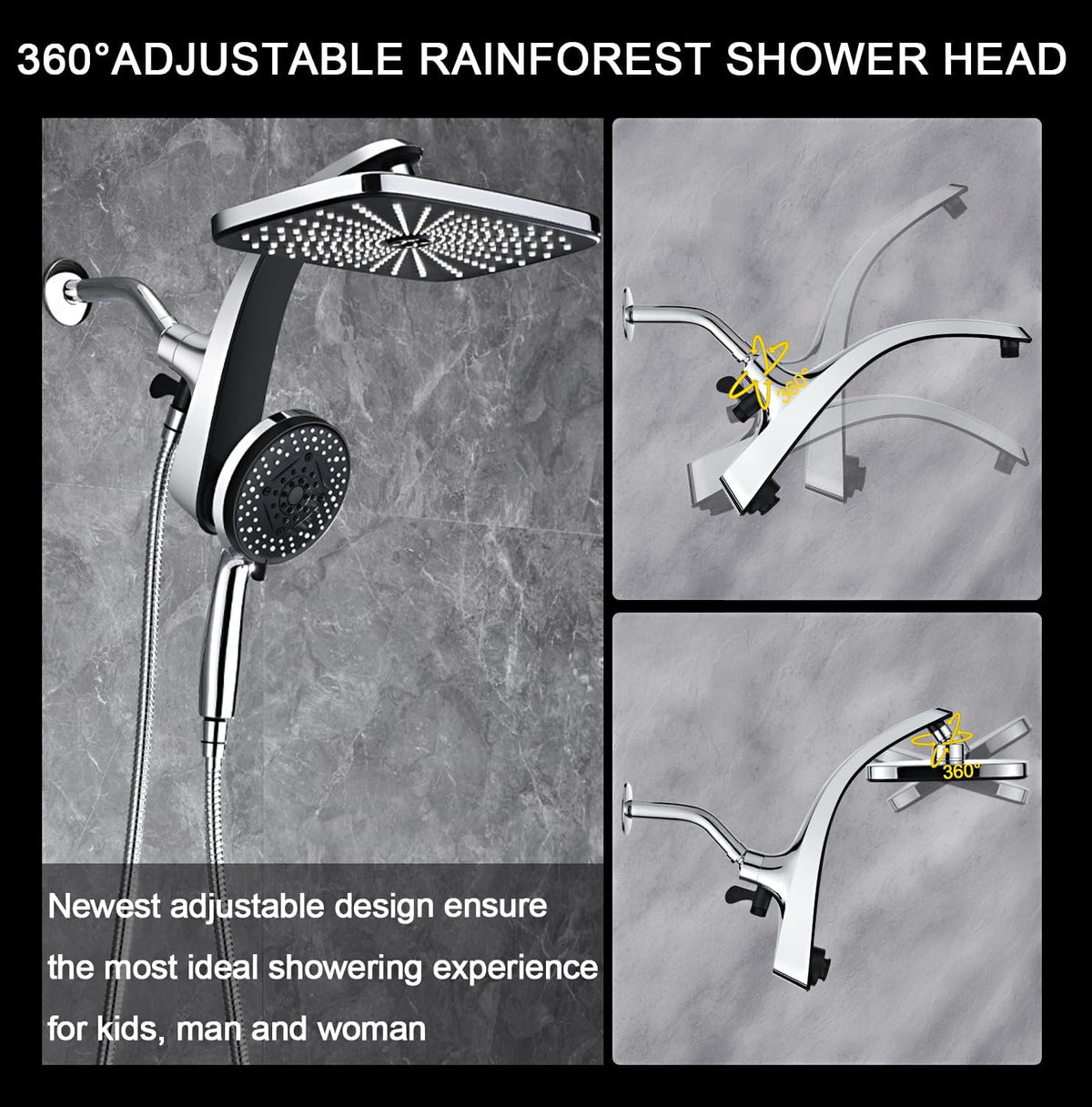 12" High Pressure Rain Shower Head with Handheld, 9 Sprays Hand Showerhead