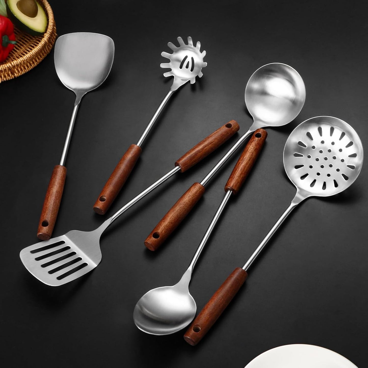 304 Stainless Steel Kitchen Utensils Set, 6 Pcs Long Cooking Utensils Set with Wooden Handle, Large Heat Resistant Kitchen Tools(Dishwasher Safe)