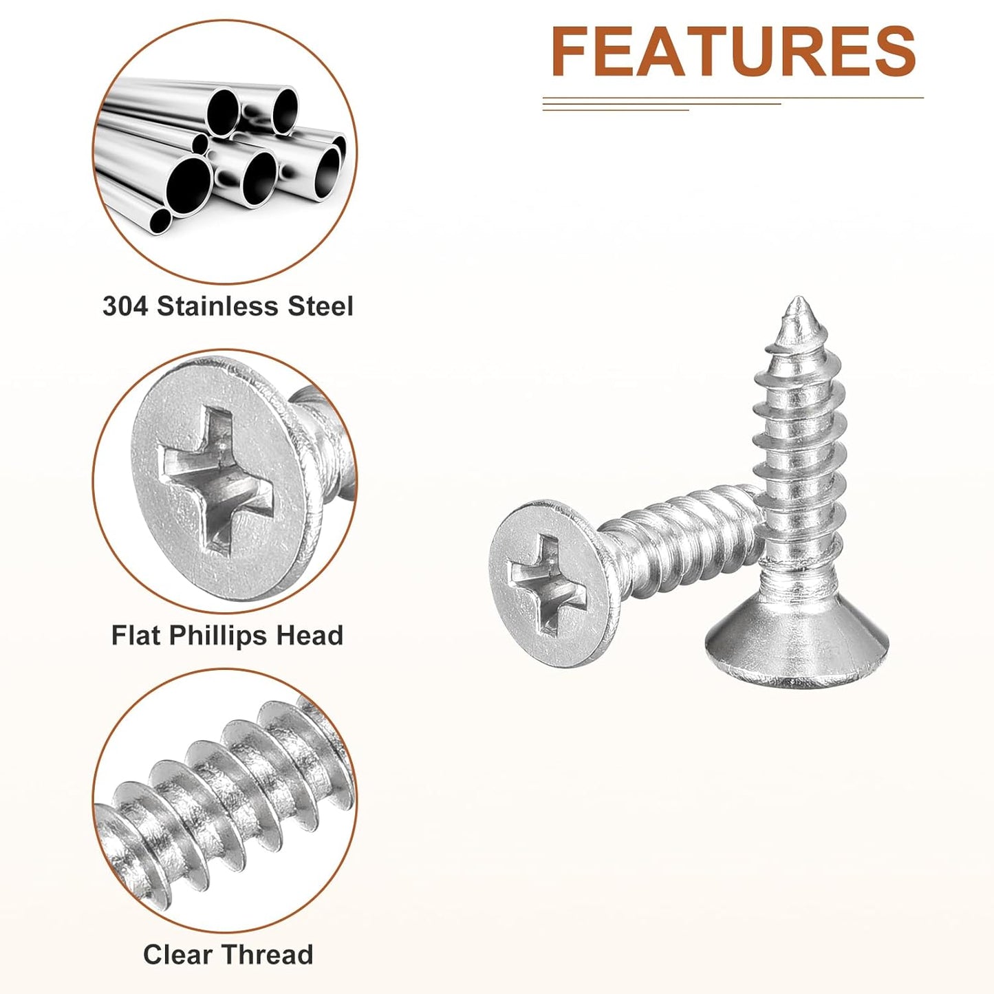 DTGN 100Pcs #8x1 Flat Head Wood Screws, 304 Stainless Steel Phillips Self Tapping Screws - Good for Woodworking, Furniture - Silver
