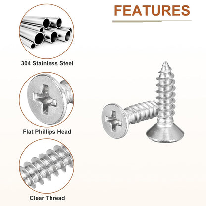 DTGN 100Pcs #8x1 Flat Head Wood Screws, 304 Stainless Steel Phillips Self Tapping Screws - Good for Woodworking, Furniture - Silver