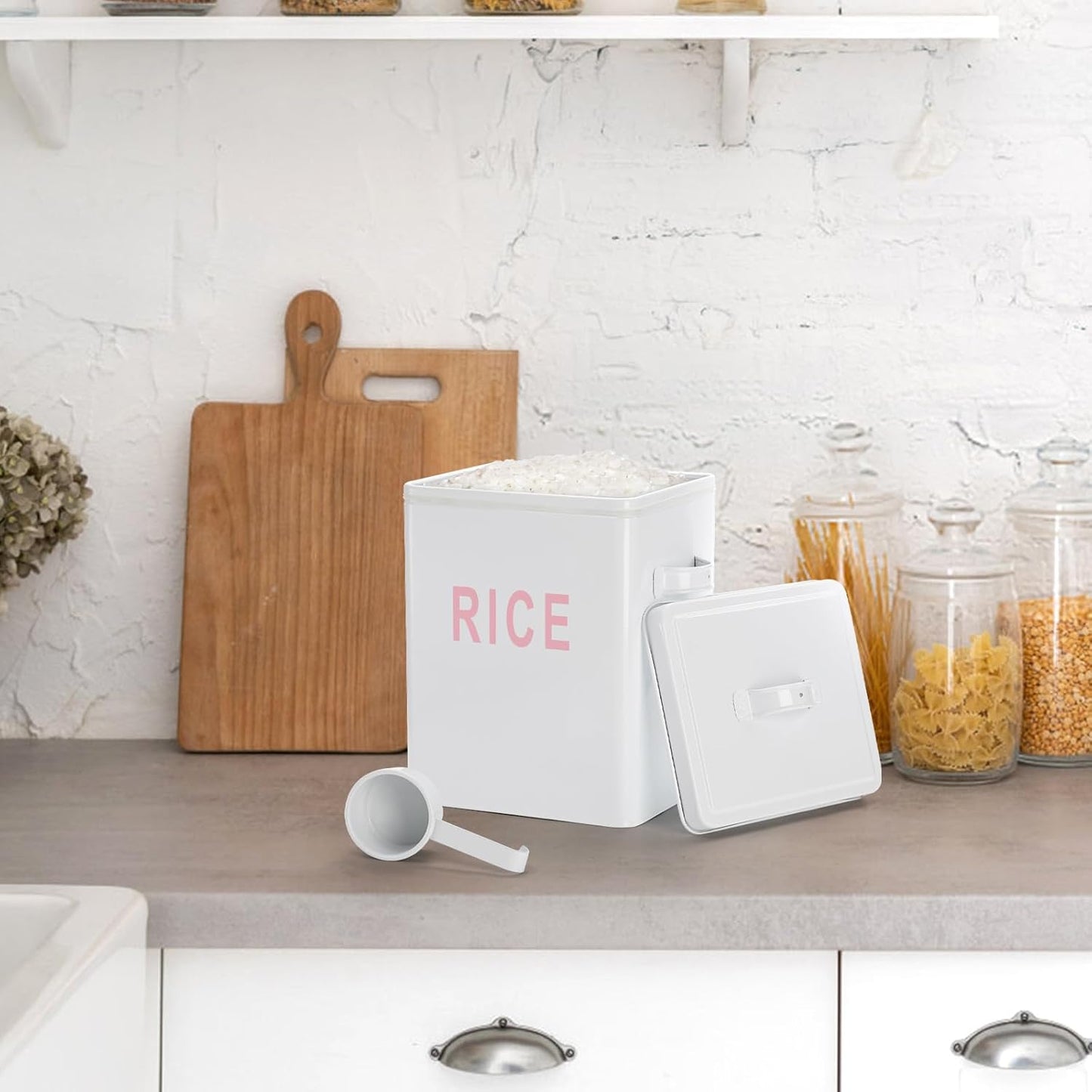 YOUEON 10 Lbs Metal Rice Storage Container, Square Rice Canister with Lid and Measuring Scoop, Countertop Sealed Food Storage Container for Cereal, Beans, Pet Food, White