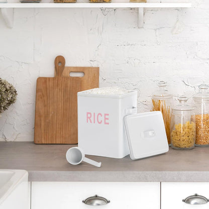 YOUEON 10 Lbs Metal Rice Storage Container, Square Rice Canister with Lid and Measuring Scoop, Countertop Sealed Food Storage Container for Cereal, Beans, Pet Food, White