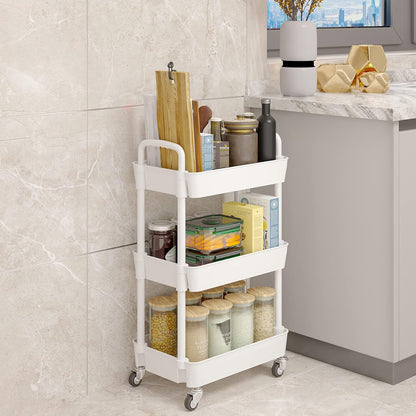 3-Tier Rolling Kitchen Utility Cart with Lockable Wheels – Mobile Storage Organizer for Kitchen, Bathroom, Office & Home (White) - PuriLite
