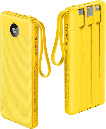 VRURC 10000mAh Power Bank Built-in Cables, Portable Charger with LED Display, Slim Intelligent Travel Battery Pack with Cords, 5 Output Dual Input Phone Charger for Cell Phone Smart Devcies-Blue