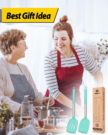 Pack of 2 Silicone Slotted Spatula,Non Stick Solid Kitchen Turner, High Heat Resistant BPA Free Cooking Utensils for Fish, Eggs, Pancakes（Black