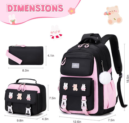DIGOBAY Girls Backpack, School Backpack for Girls with Lunch Box Pencil Case Set for Teen Kids Girl Elementary Primary Middle High College School Bookbag with Cute Pins Pink