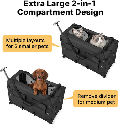 Veehoo Large Pet Carrier with Wheels for 2 Cats, Extra Long 76cm Foldable | Soft-Sided Rolling Cat Carrier for 2 Small Dogs, Removable Divider, Telescopic Handle, 76× 38× 51 cm, Black