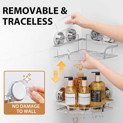 LEVERLOC Shower Caddy Suction Cup, 2 Pack Black Shower Shelf with Hooks and Soap Holder, NO-Drilling Bathroom Organizer, Rustproof Metal Bathroom Storage and Organization